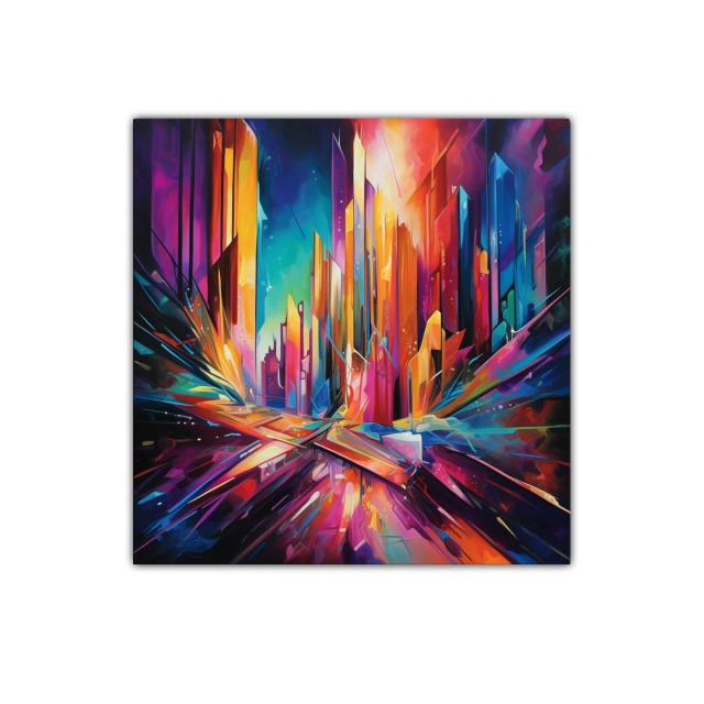 Cuadro vibrante con paisaje urbano abstracto colorido