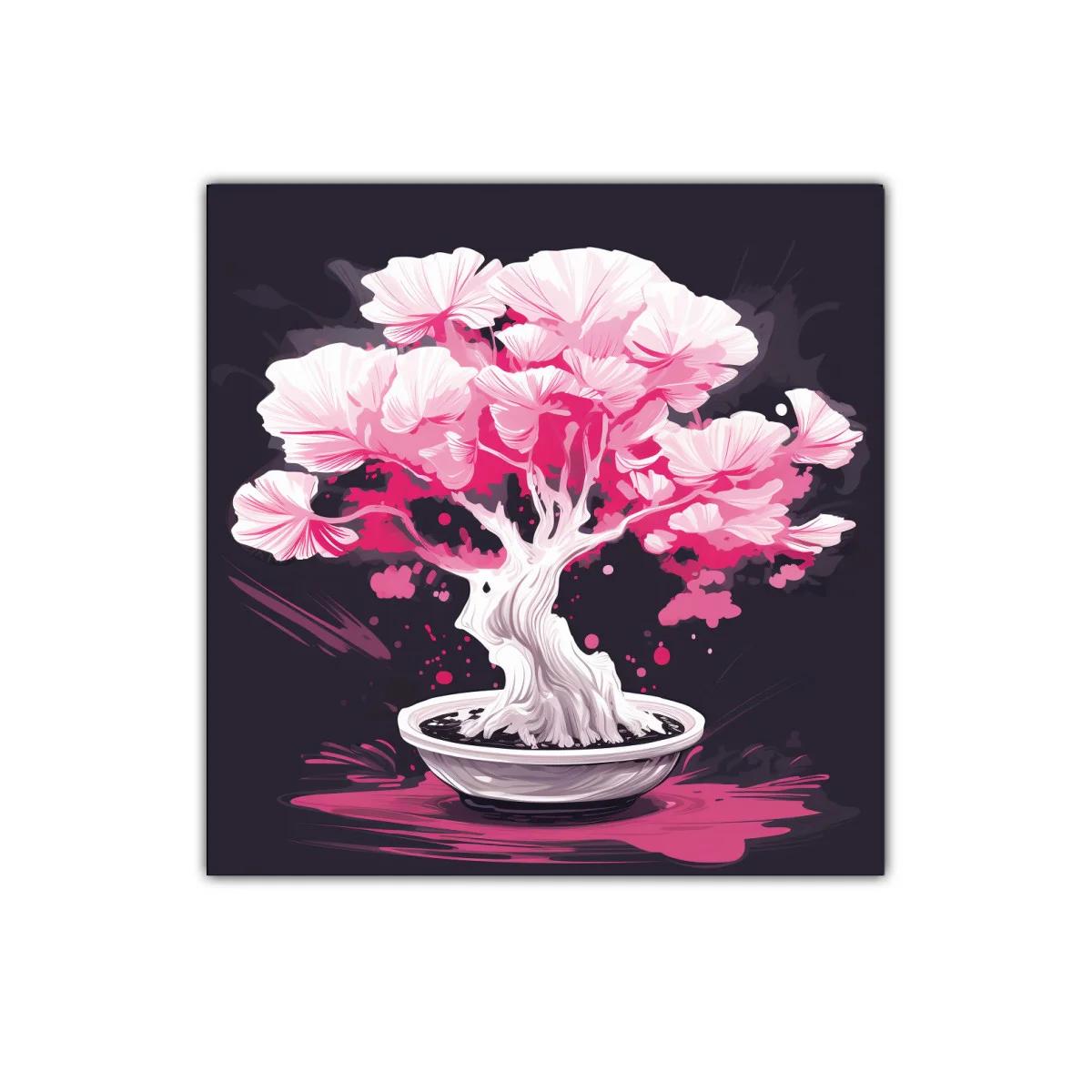 Bonsái en flor con tonos rosas vibrantes y fondo oscuro — miniatura 1