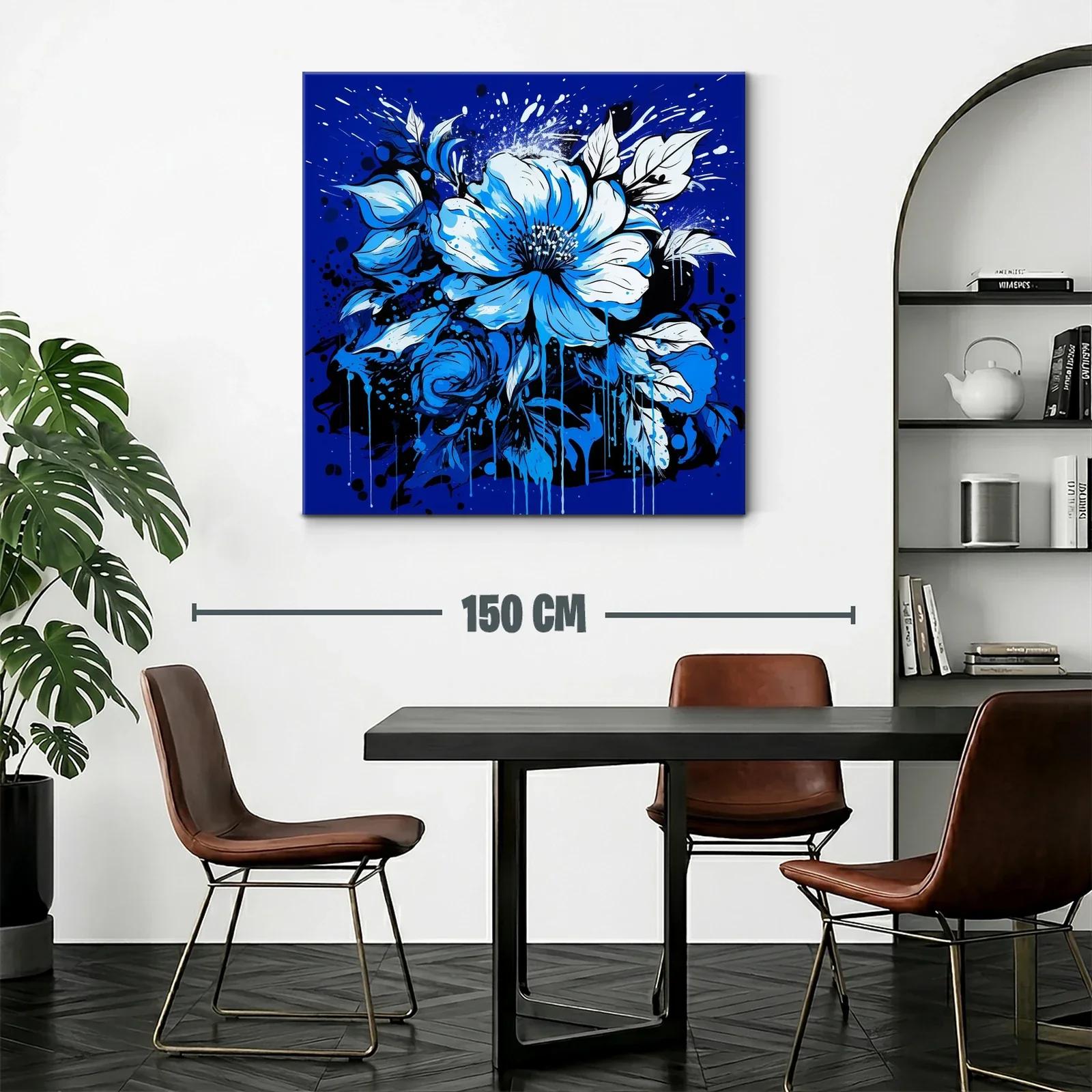 Cuadro floral vibrante en tonos azules intensos y negros — miniatura 2