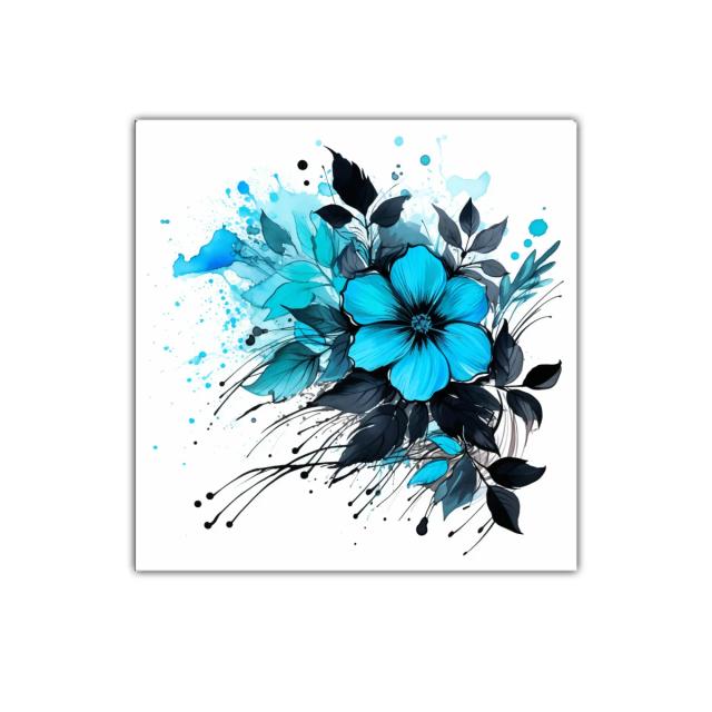 Cuadro decorativo flor azul con hojas negras y acuarela