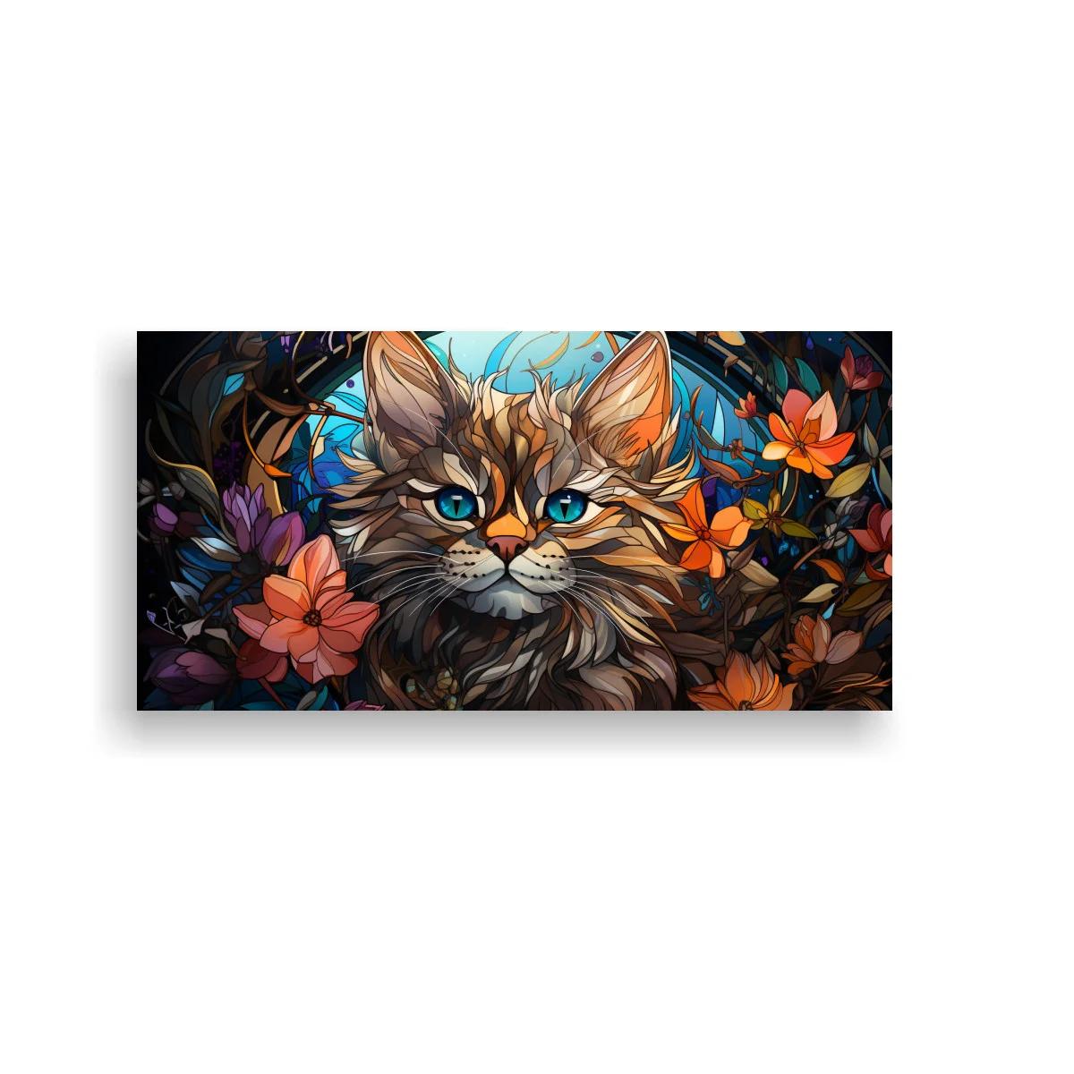 Cuadro gato atigrado de pelo largo con flores y follaje