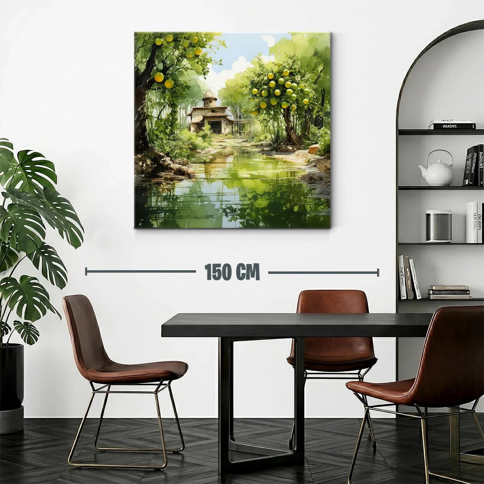 Paisaje sereno con casa y árboles frutales junto al río — miniatura 2