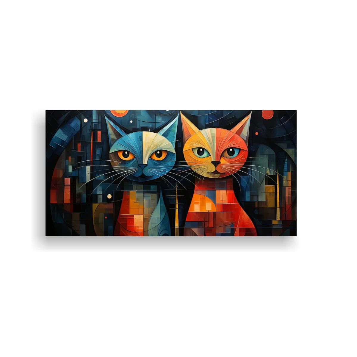 Cuadro dos gatos geométricos con fondo arquitectónico abstracto