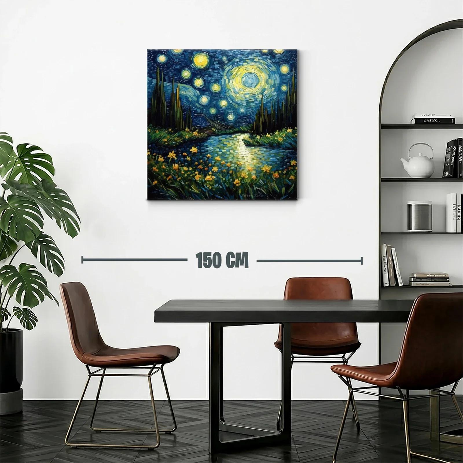 Paisaje nocturno estrellado con flores luminosas y río sereno — miniatura 2