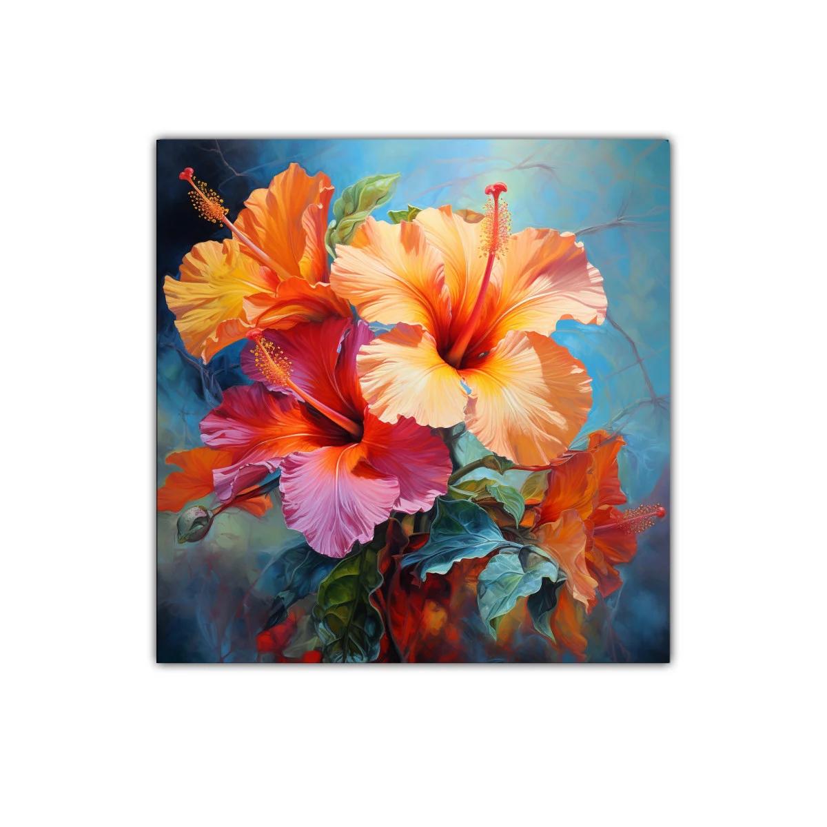 Colorido cuadro floral con hibiscos vibrantes sobre fondo azul