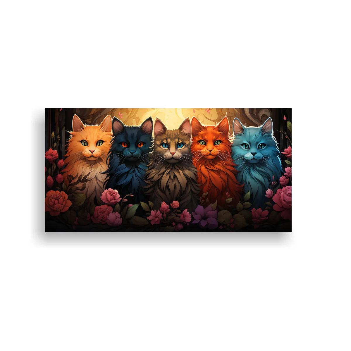Cuadro cinco gatos de pelo largo entre flores rosadas