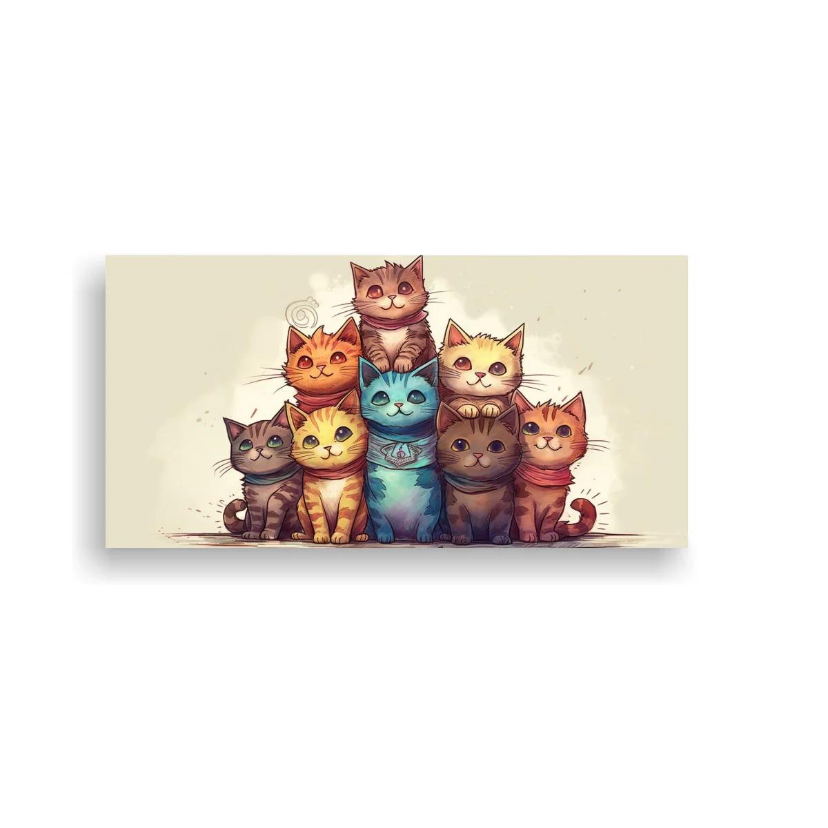 Cuadro grupo de siete gatos con tonos cálidos y azul