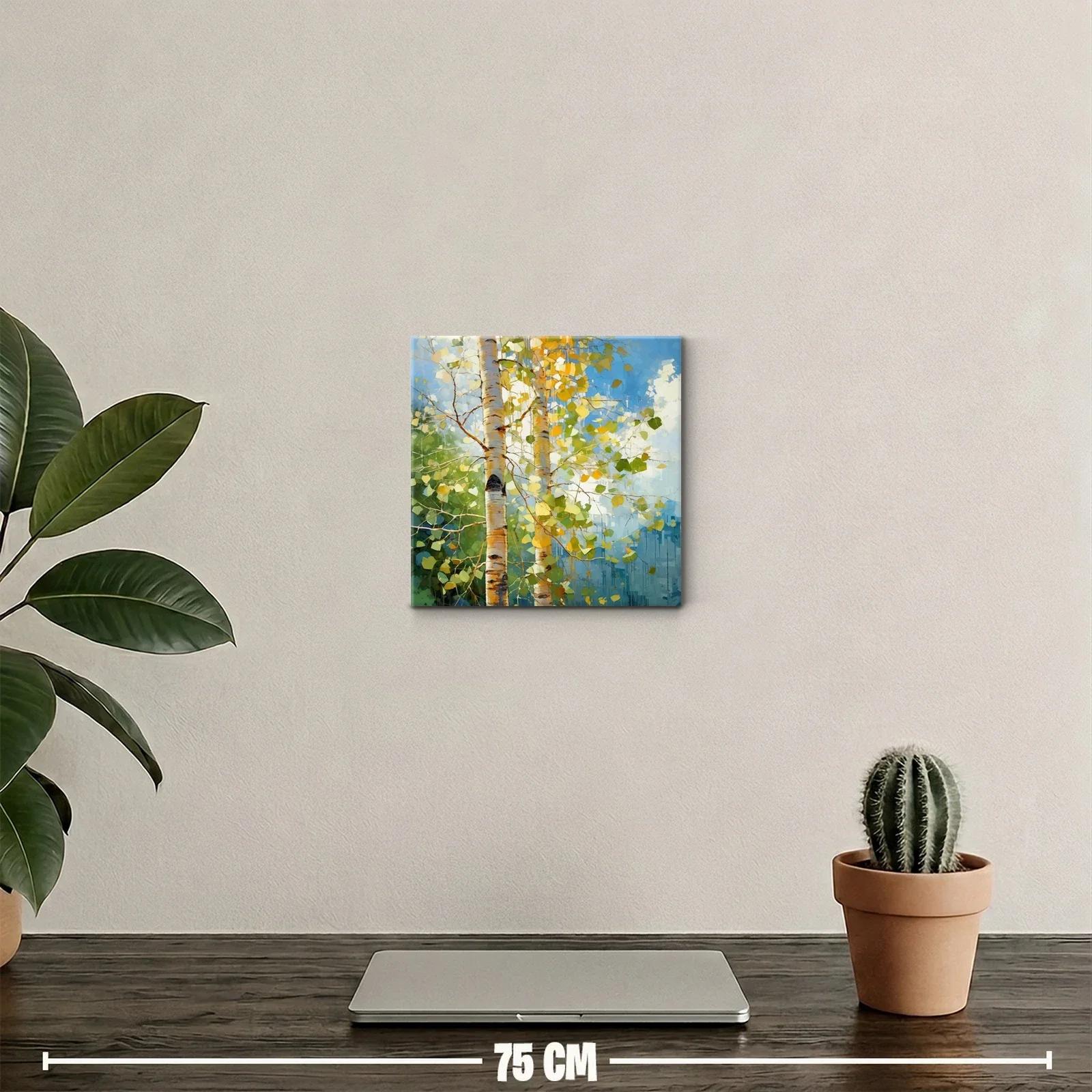 Cuadro decorativo de abedules con luz natural y hojas verdes — miniatura 2