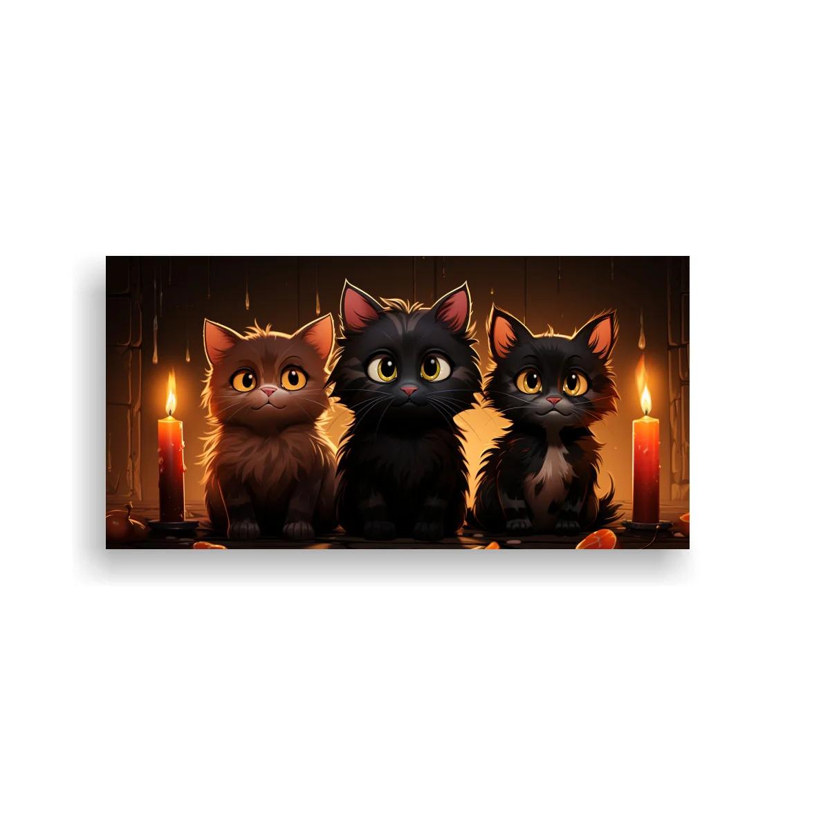 Cuadro tres gatitos negros y marrones con velas rojas