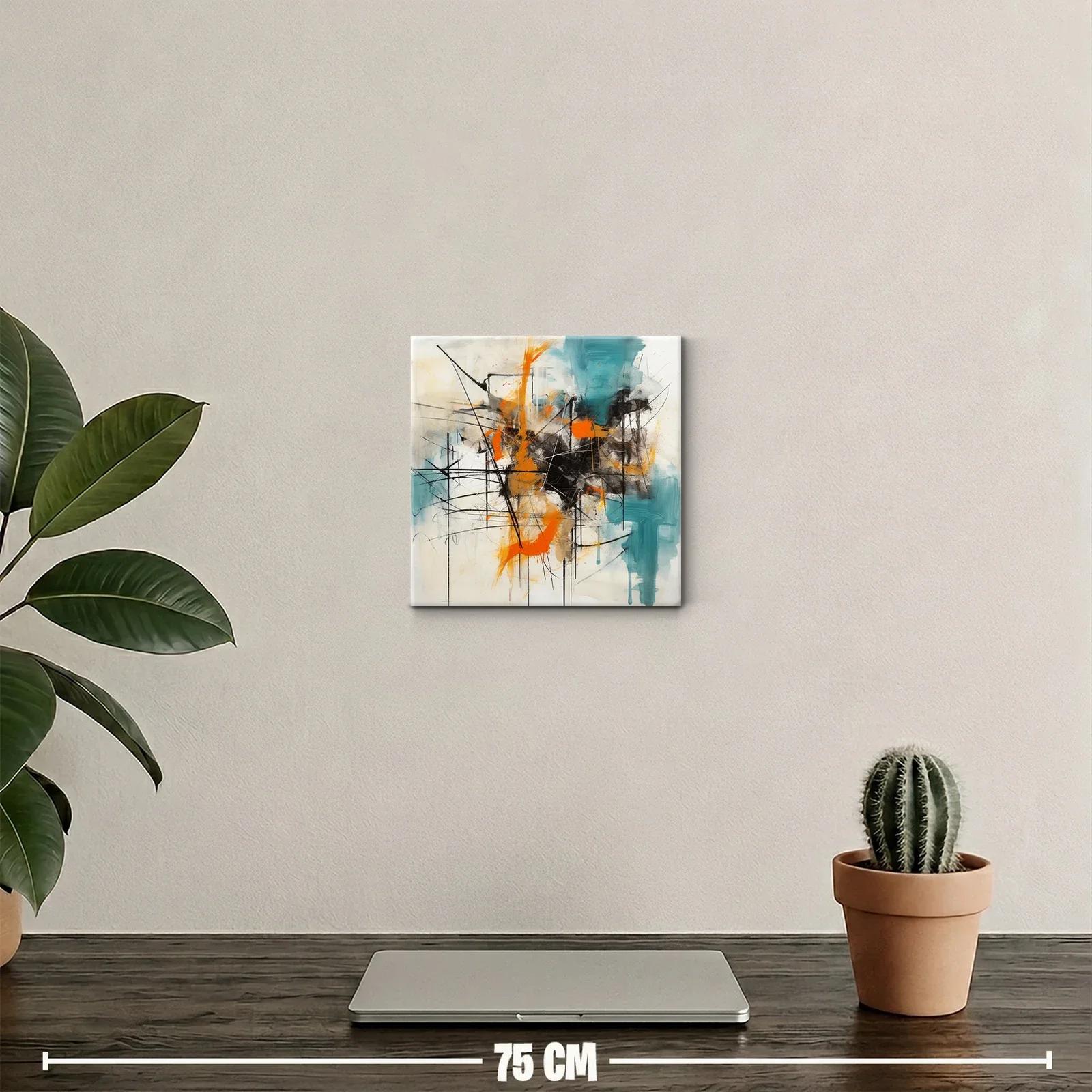 Cuadro abstracto con trazos en naranja y turquesa vibrante — miniatura 2