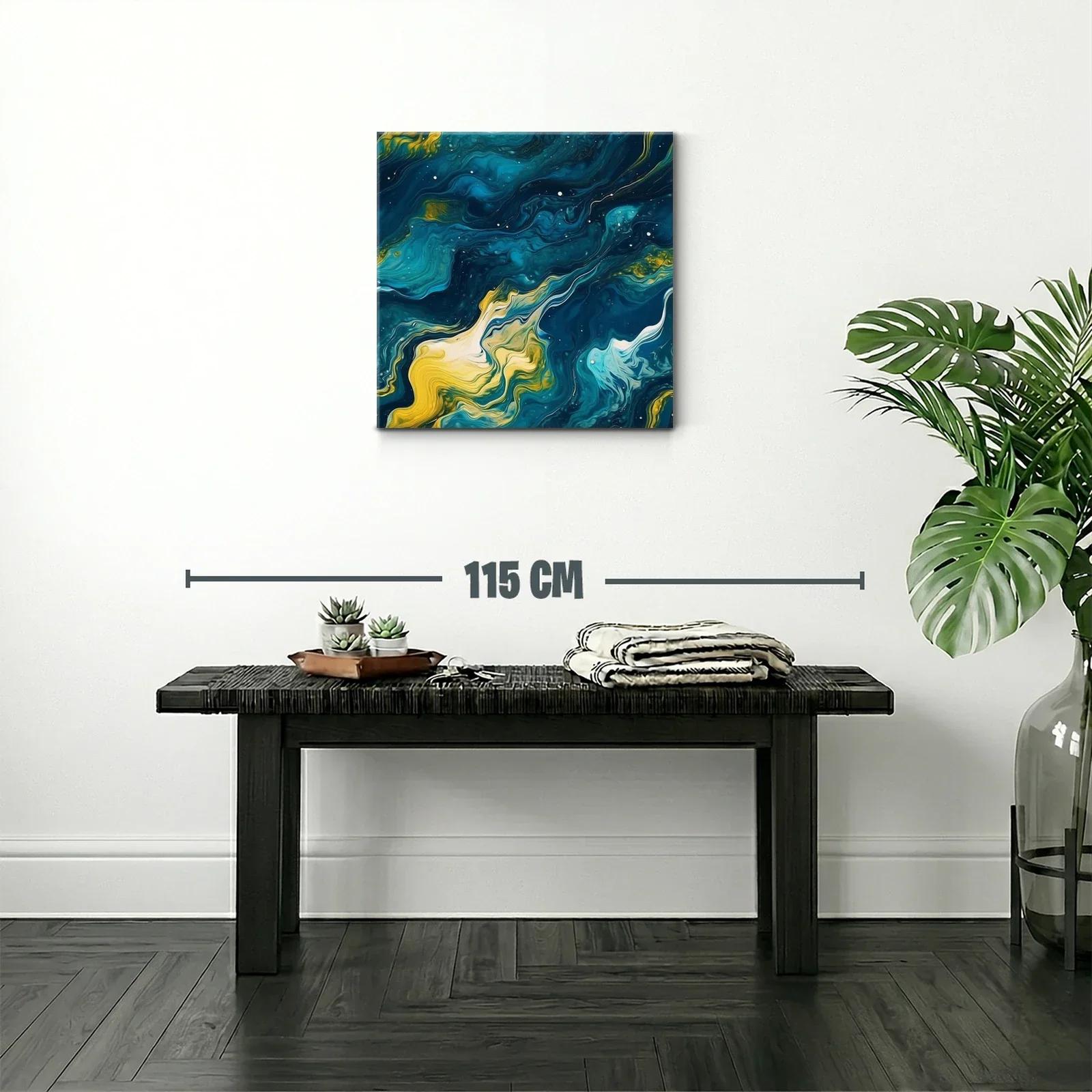 Cuadro abstracto de ondas fluidas en azul y amarillo — miniatura 2