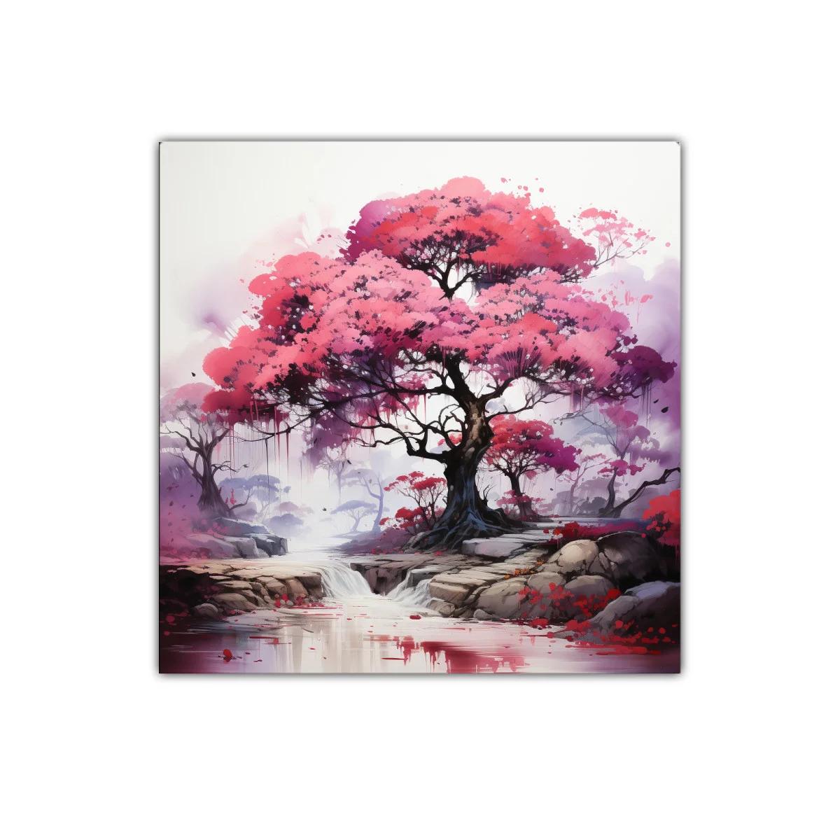 Paisaje encantador con árboles de flores rosadas y río tranquilo — imagen principal