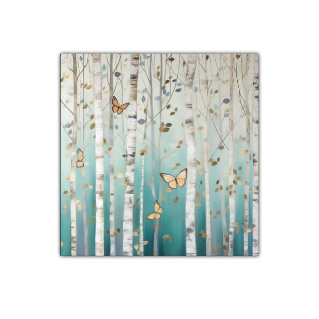 Bosque de abedules con mariposas doradas y azul turquesa
