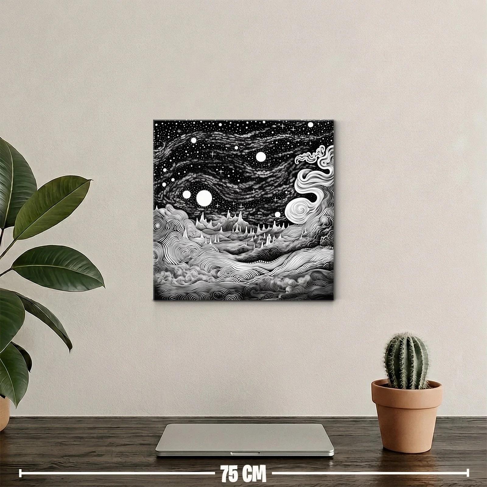 Paisaje cósmico en blanco y negro con formas onduladas — miniatura 2