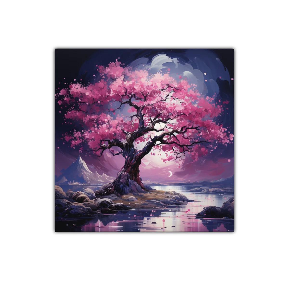 Árbol de Cerezo en Flor con Reflejos Nocturnos
