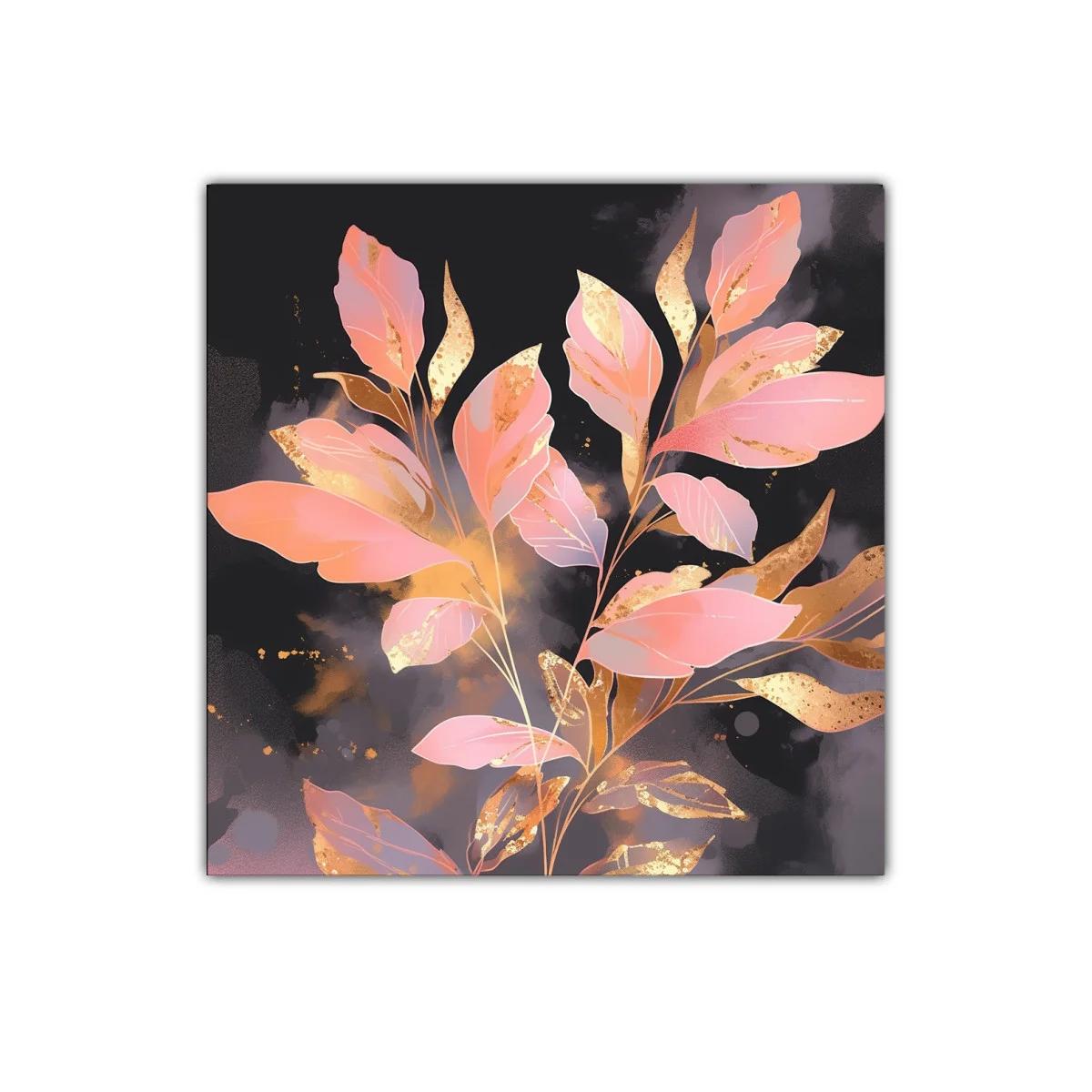 Cuadro decorativo con hojas rosas y doradas sobre fondo oscuro