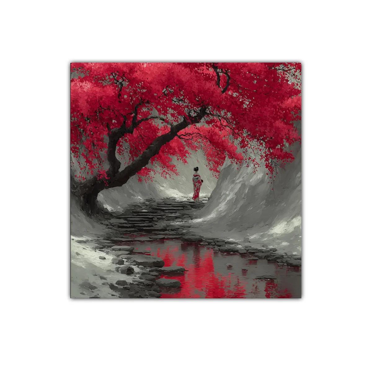 Camino sereno bajo cerezos en flor rojo intenso — imagen principal