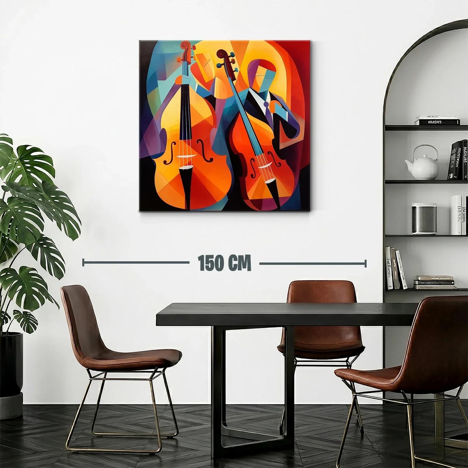 Cuadro vibrante con músicos y violonchelos en tonos cálidos — miniatura 2
