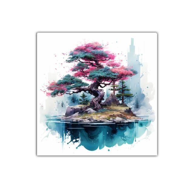 Árbol bonsái en isla flotante con tonos rosas y azules