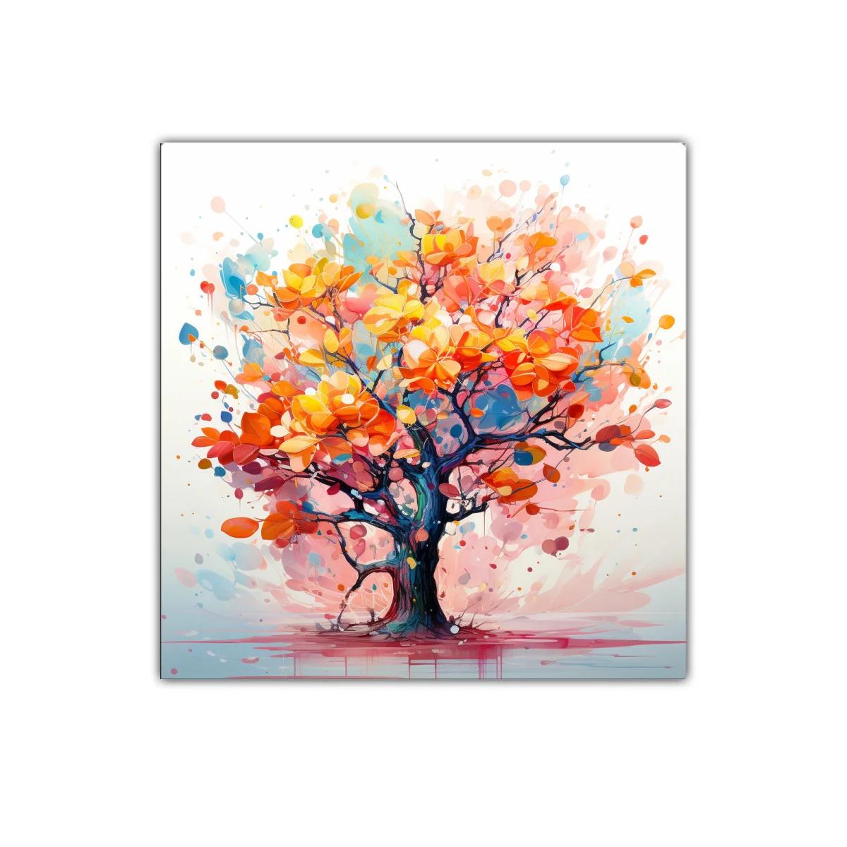 Árbol vibrante con hojas en tonos cálidos y azules