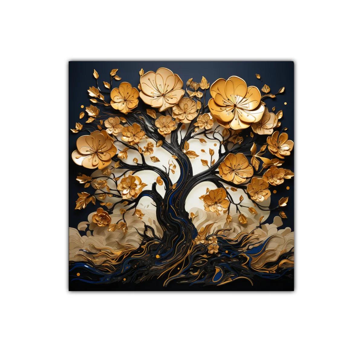 Árbol dorado con flores en relieve sobre fondo oscuro — imagen principal