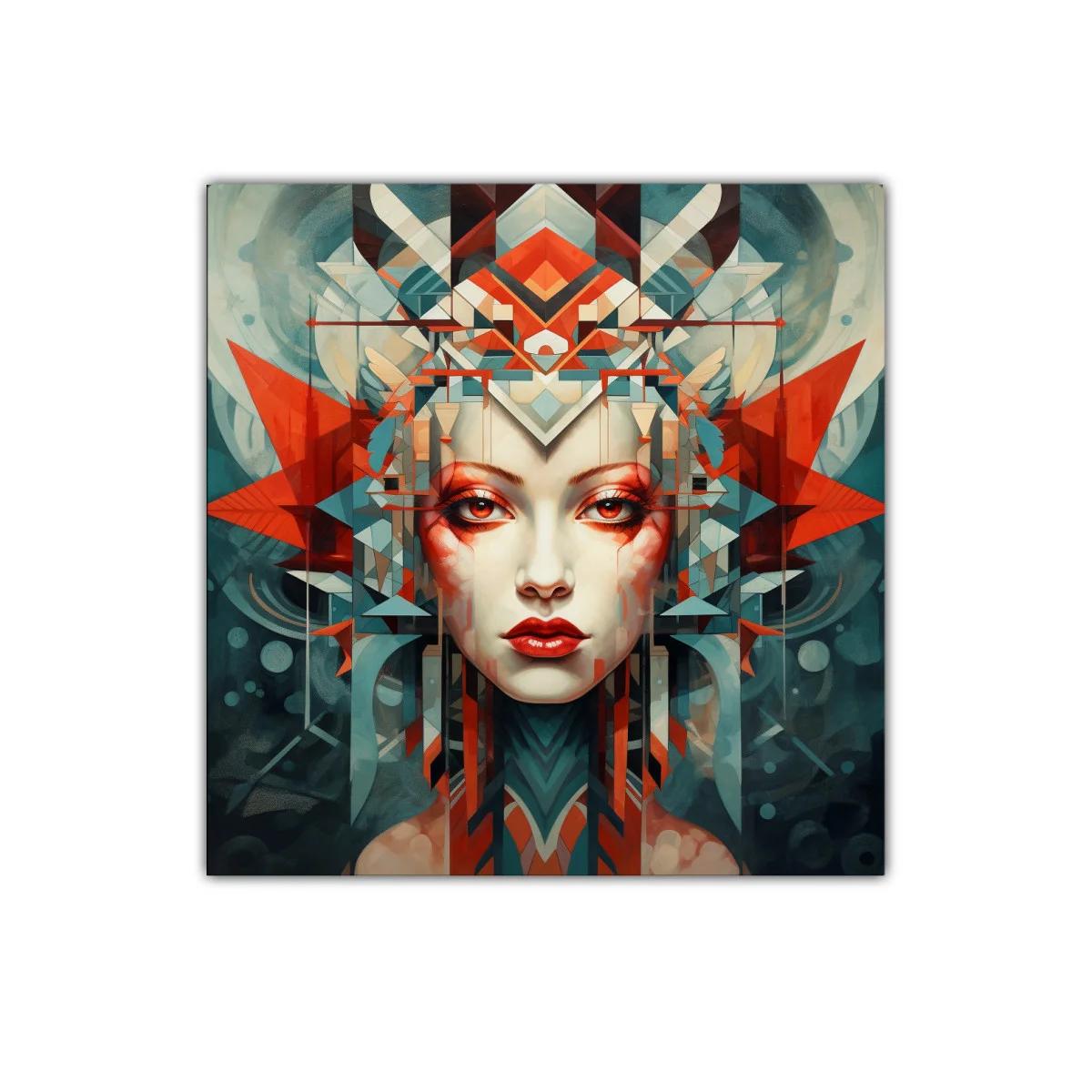 Retrato geométrico con rostro femenino y colores intensos