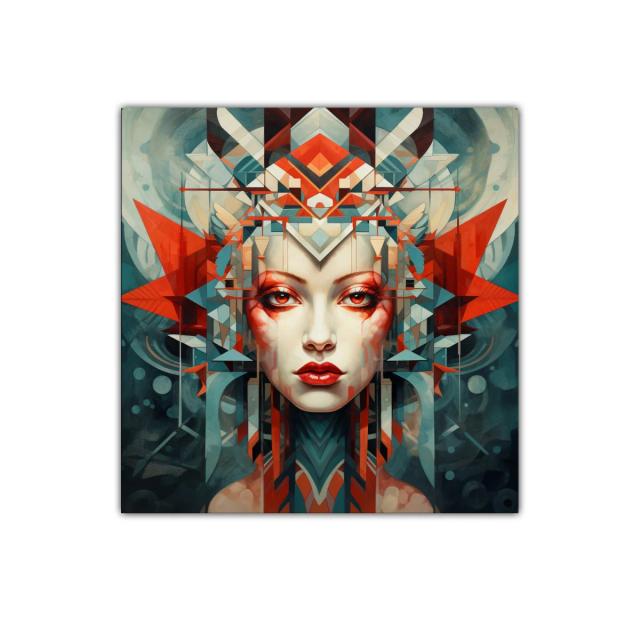 Retrato geométrico con rostro femenino y colores intensos