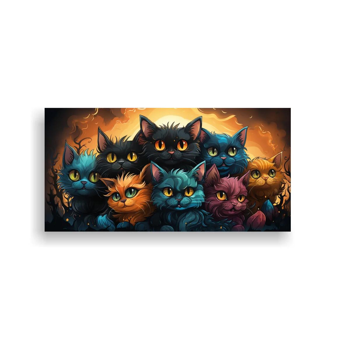 Cuadro grupo de gatos de ojos brillantes con fondo luminoso
