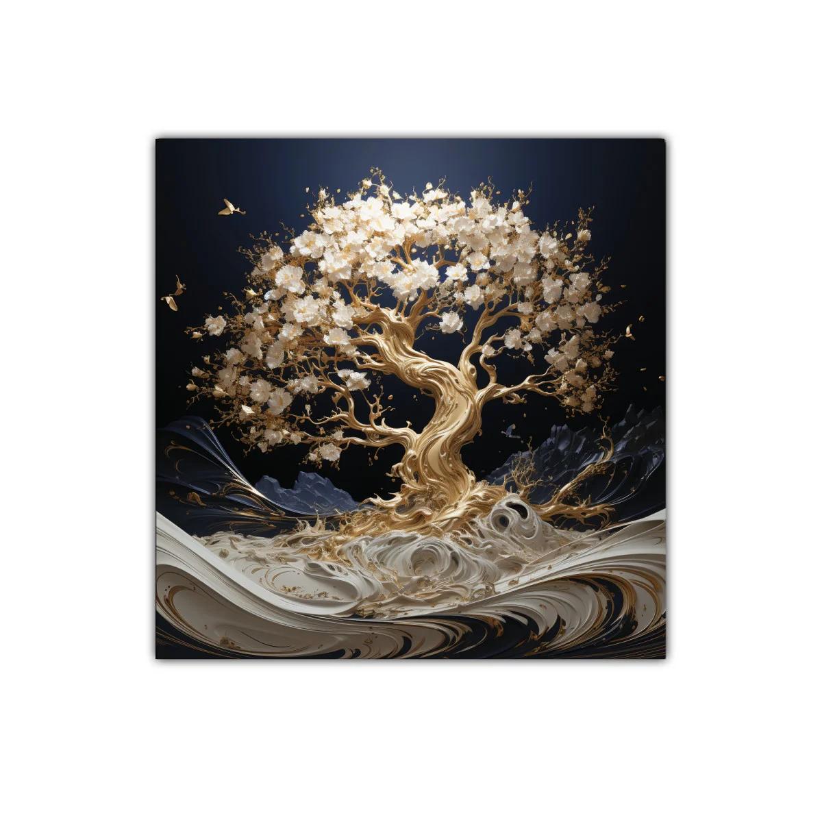 Árbol dorado con flores blancas sobre fondo oscuro — imagen principal