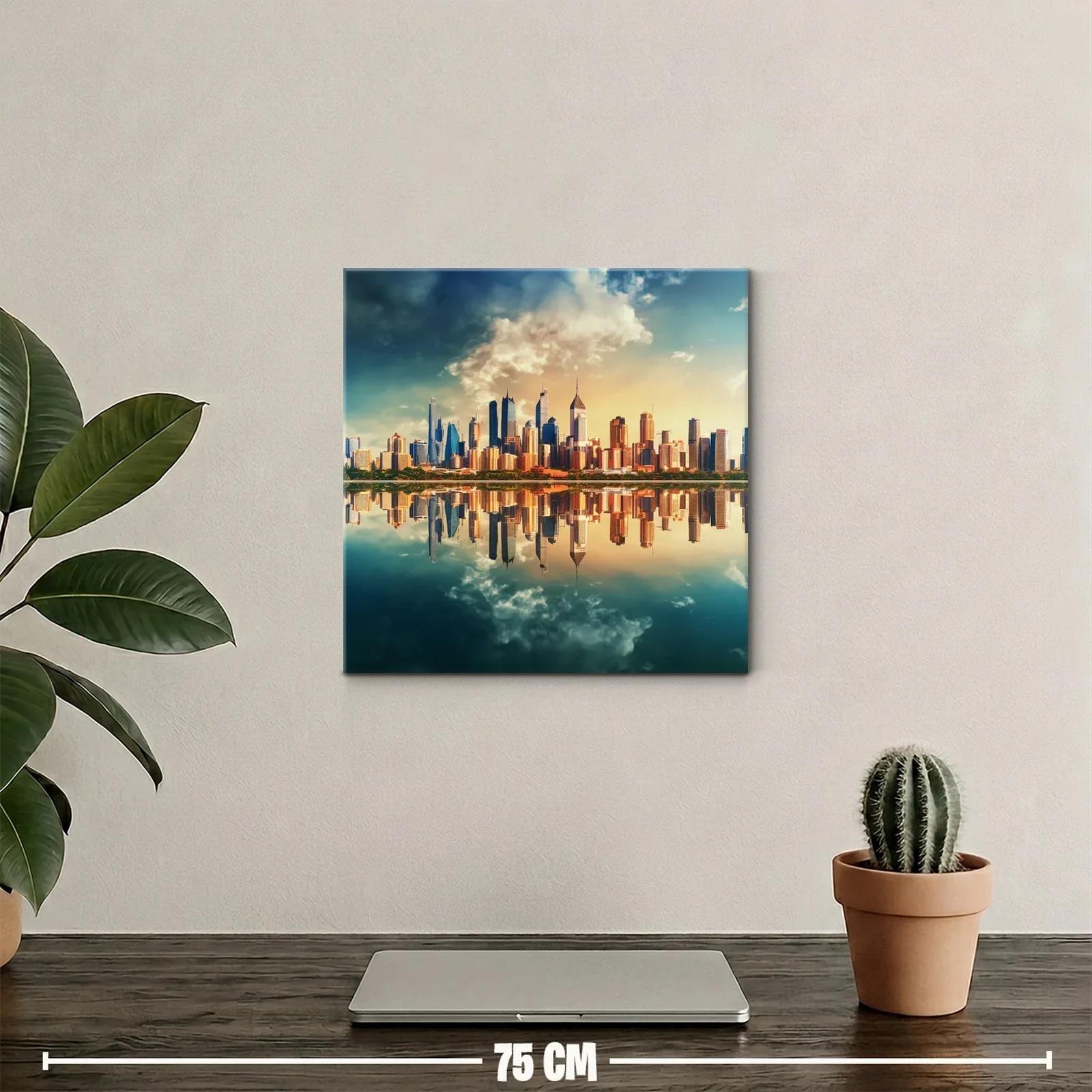 Horizonte urbano reflejado en laguna al atardecer — miniatura 2