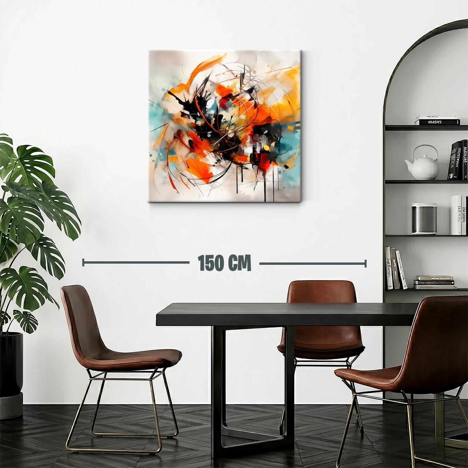 Cuadro abstracto con trazos vibrantes en naranja y turquesa — miniatura 2