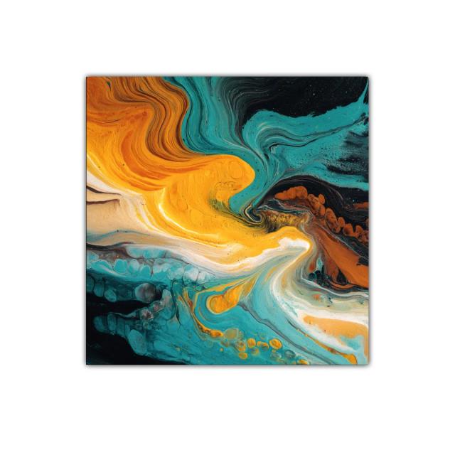 Cuadro abstracto con tonos turquesa y naranja vibrante