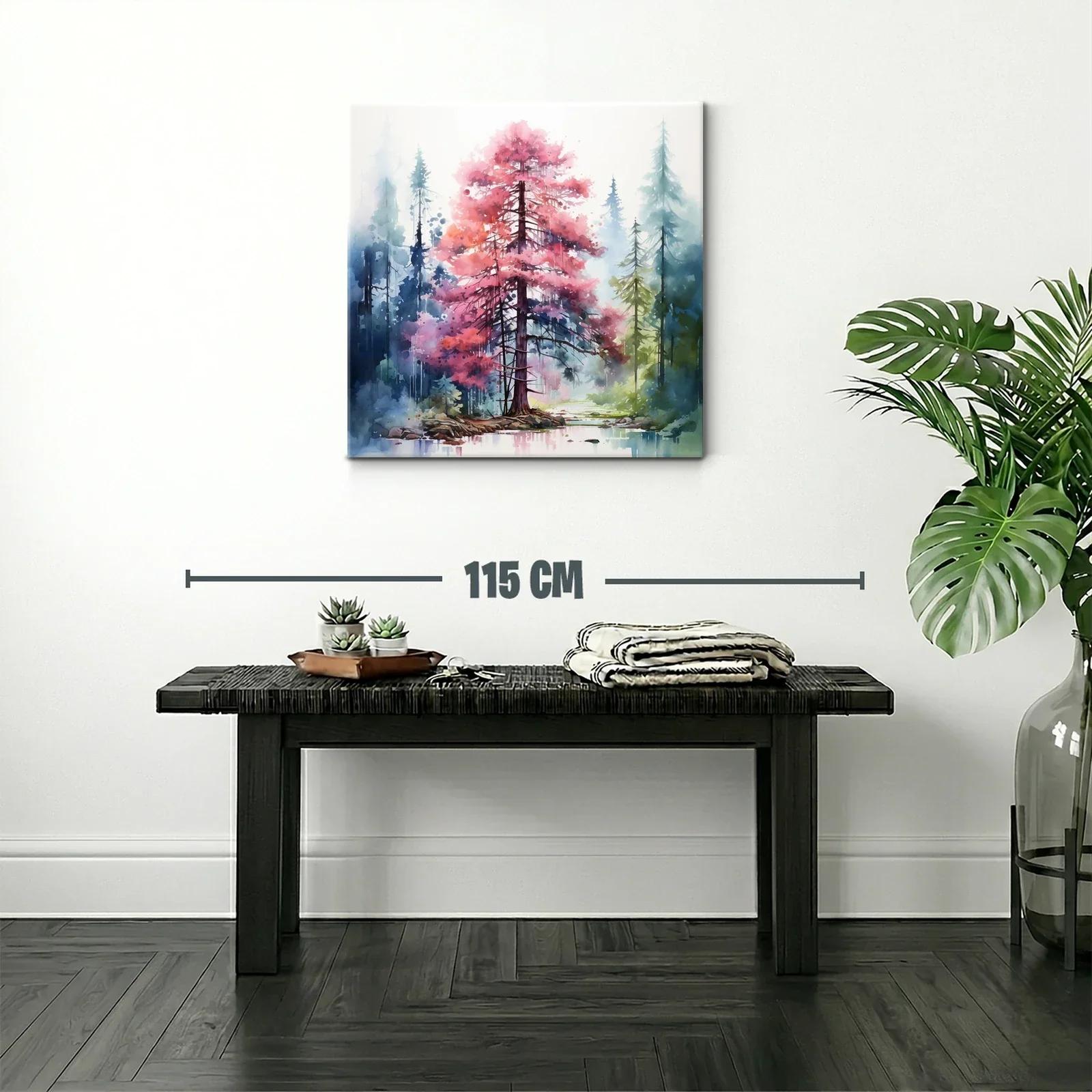 Bosque encantado con árbol rosa en paisaje sereno — miniatura 2