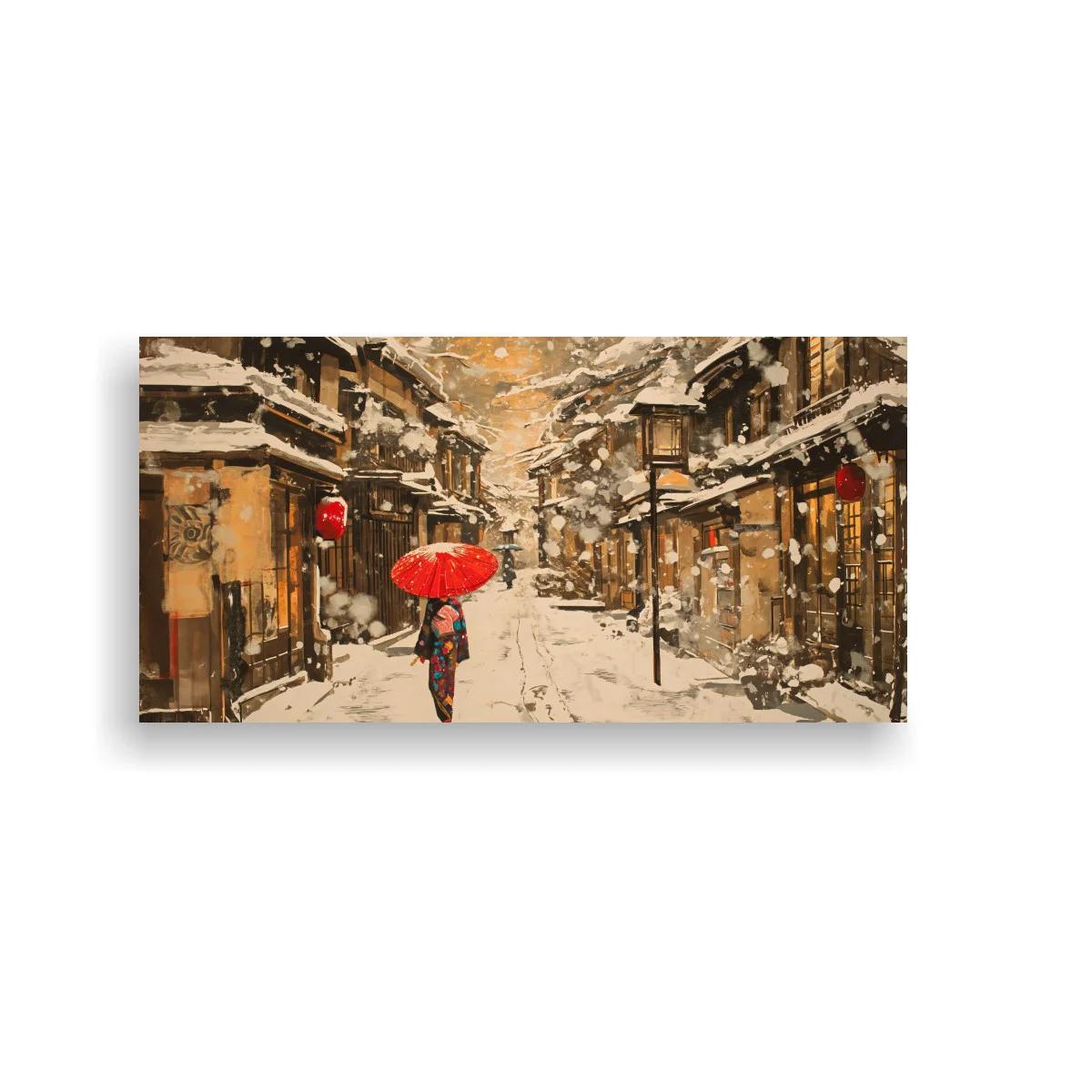 Cuadro calle nevada de pueblo japonés con paraguas rojo — imagen principal