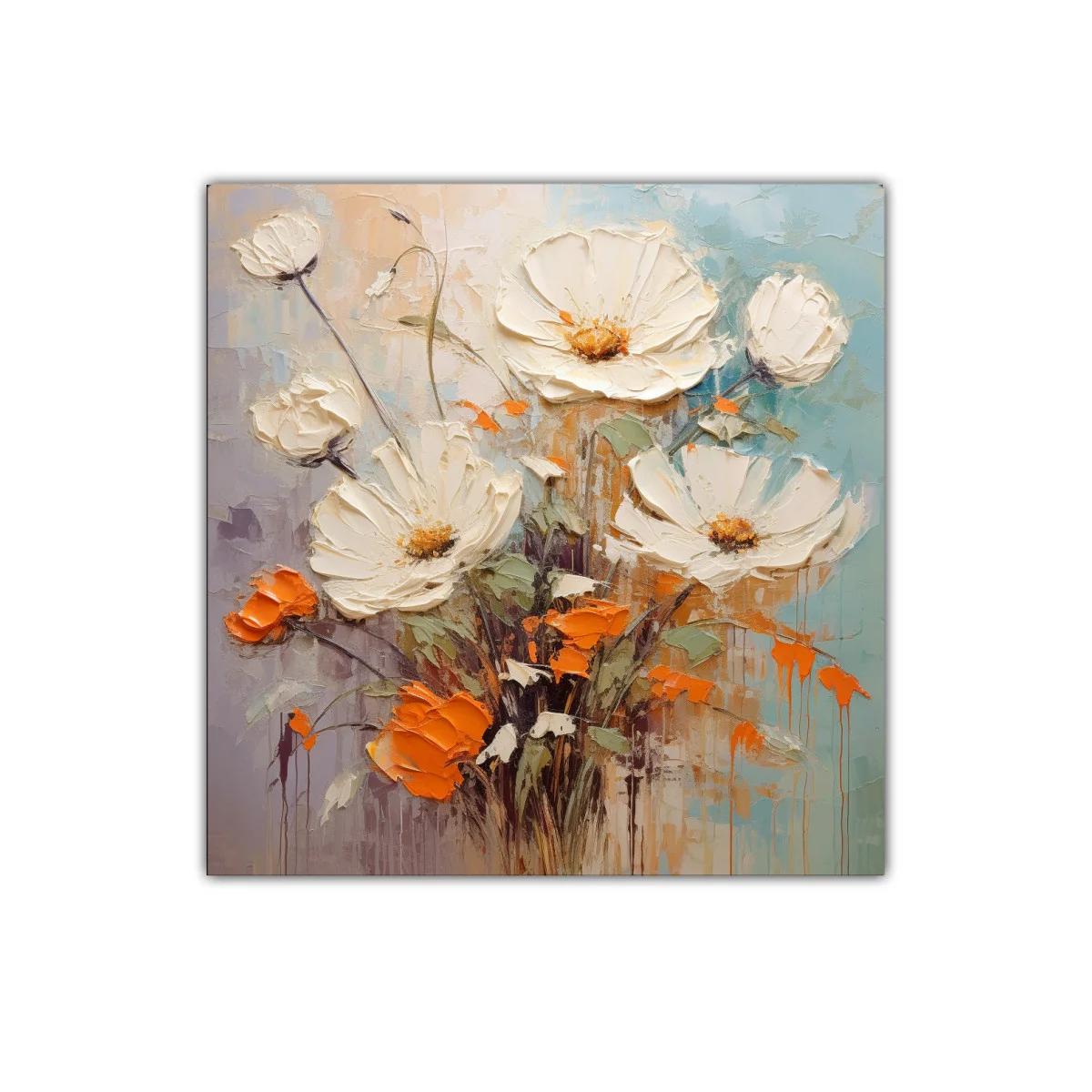 Cuadro floral con flores blancas y toques naranjas vibrantes — imagen principal