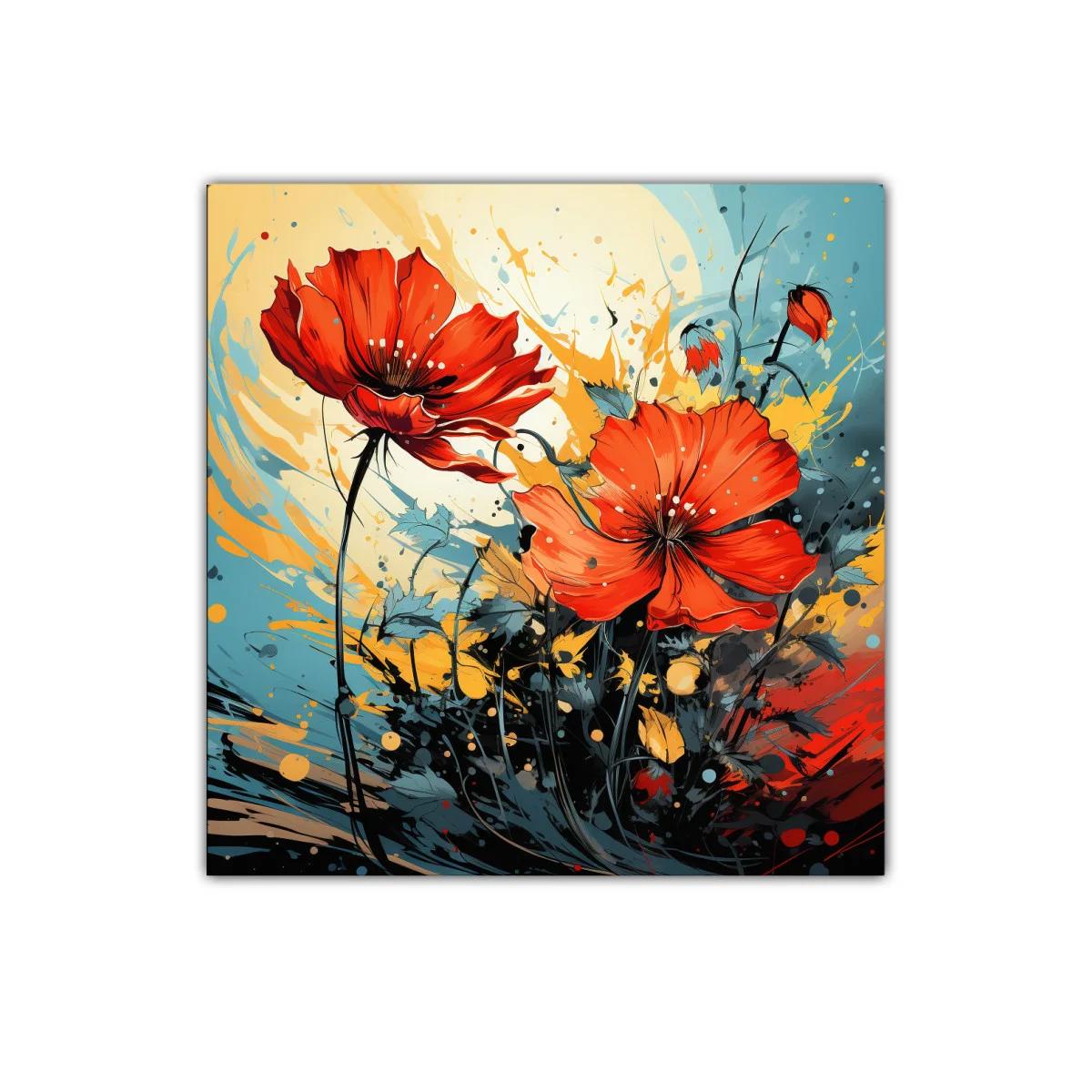Cuadro decorativo vibrante con flores rojas y fondo dinámico — imagen principal