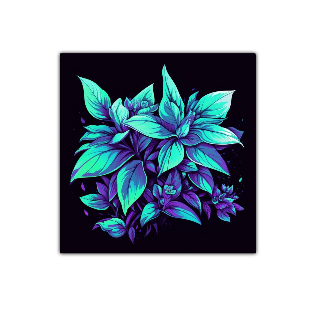 Cuadro decorativo hojas vibrantes en tonos azules y morados