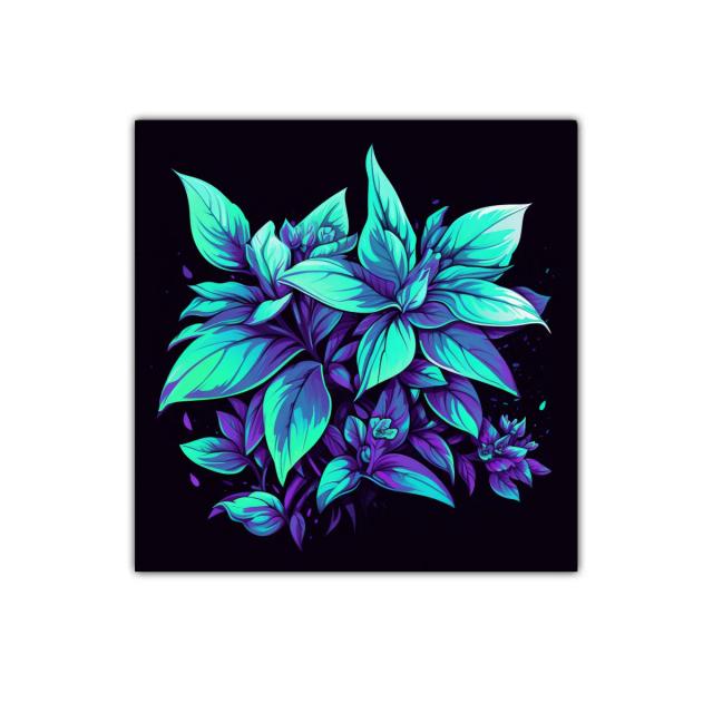Cuadro decorativo hojas vibrantes en tonos azules y morados