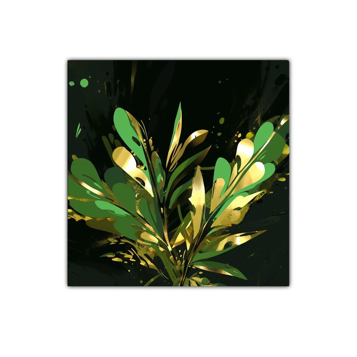 Cuadro abstracto con motivos vegetales dorados y verdes — imagen principal
