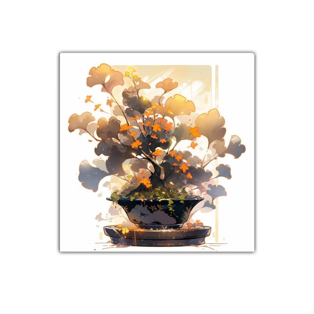 Cuadro decorativo con bonsái y flores naranjas vibrantes