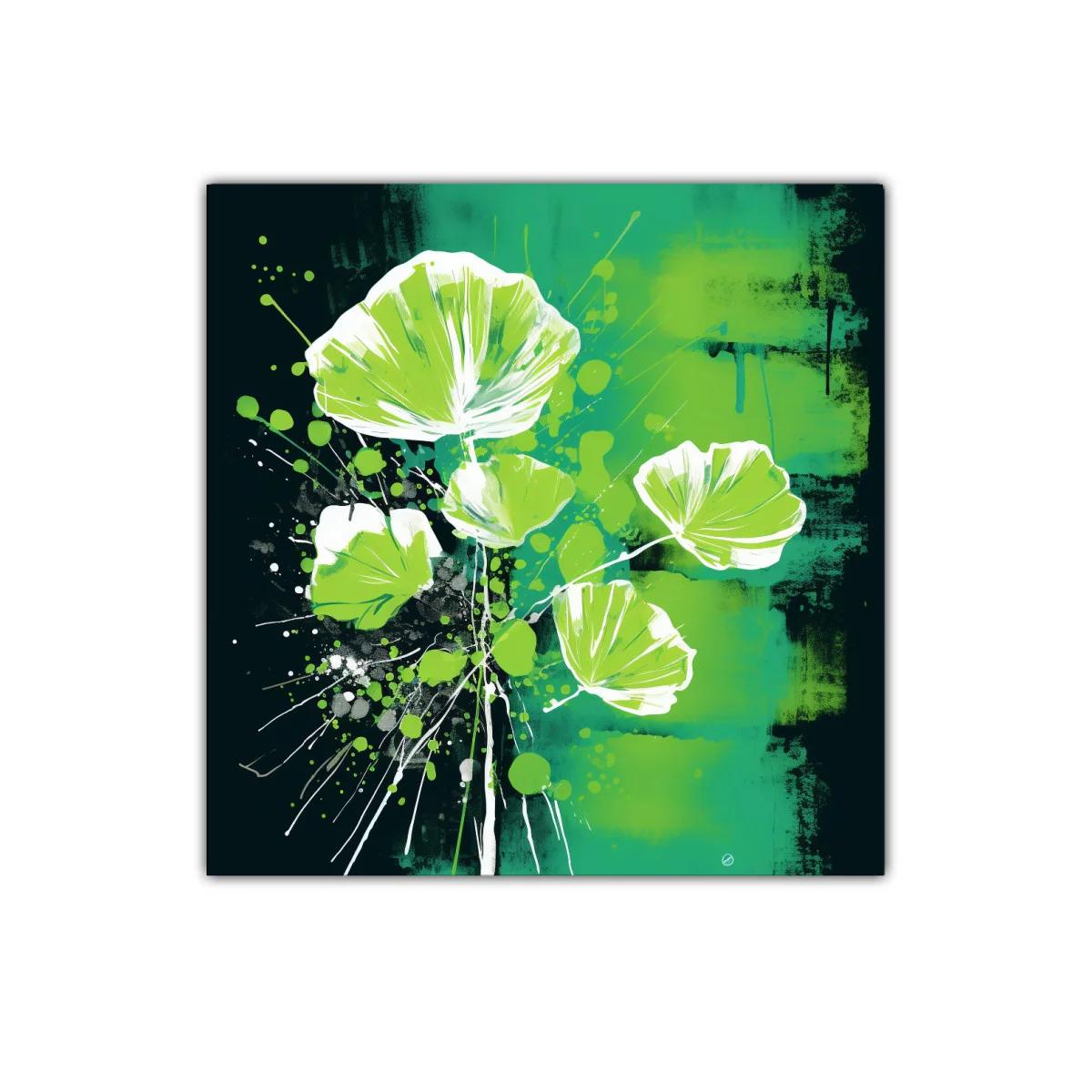 Cuadro decorativo con hojas verdes y diseño abstracto dinámico