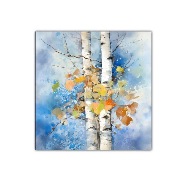 Troncos de abedul con hojas otoñales en fondo azul