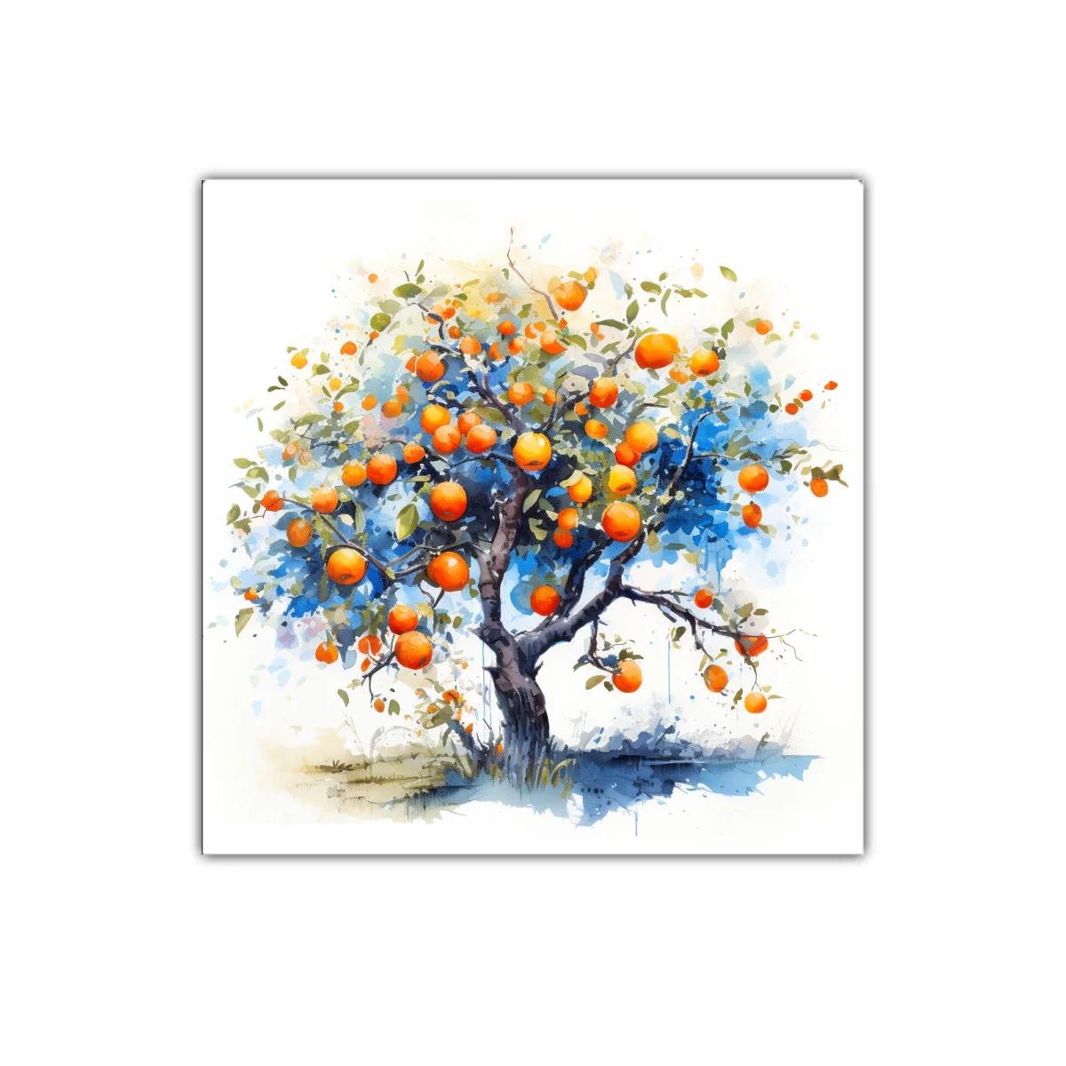 Árbol de naranjas vibrantes con fondo azul y blanco — imagen principal