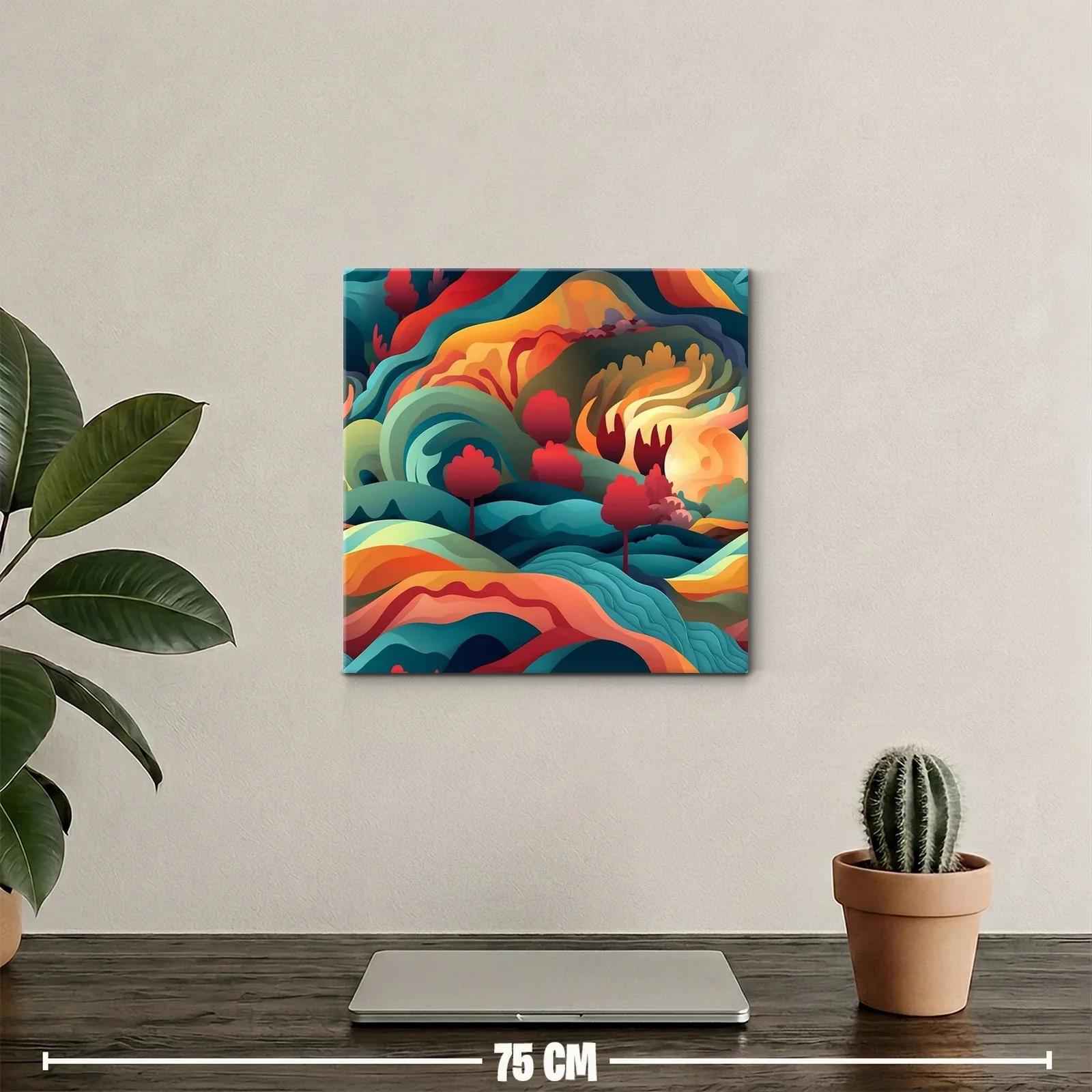 Paisaje abstracto con vibrantes formas ondulantes y árboles rojos — miniatura 2