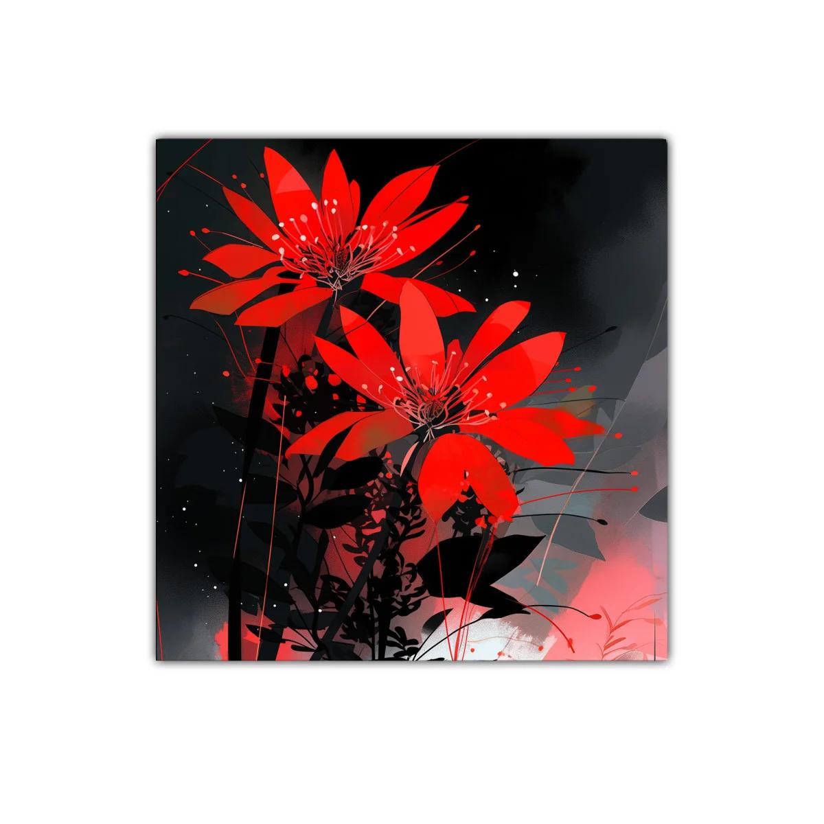 Cuadro decorativo con flores rojas vibrantes sobre fondo oscuro — imagen principal