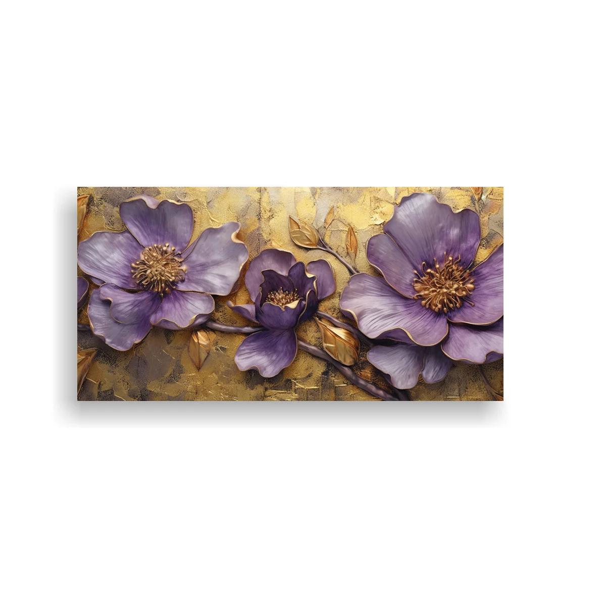Cuadro de magnolias moradas con ramas y fondo dorado — imagen principal