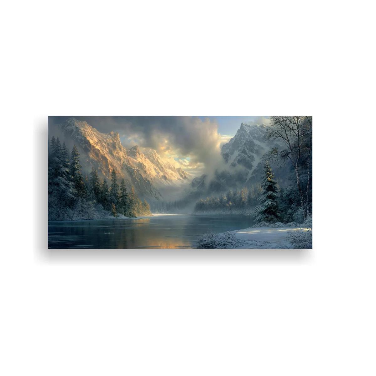 Cuadro lago de montaña nevado con niebla y luz suave