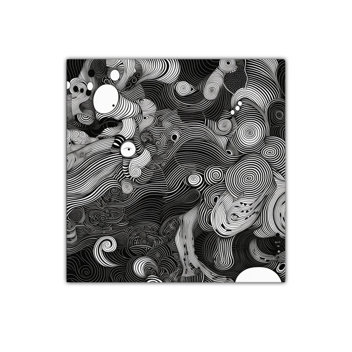 Cuadro abstracto en blanco y negro con líneas onduladas y espirales