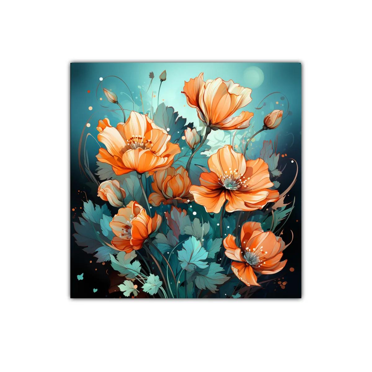 Cuadro floral con vibrantes flores naranjas y verde azulado