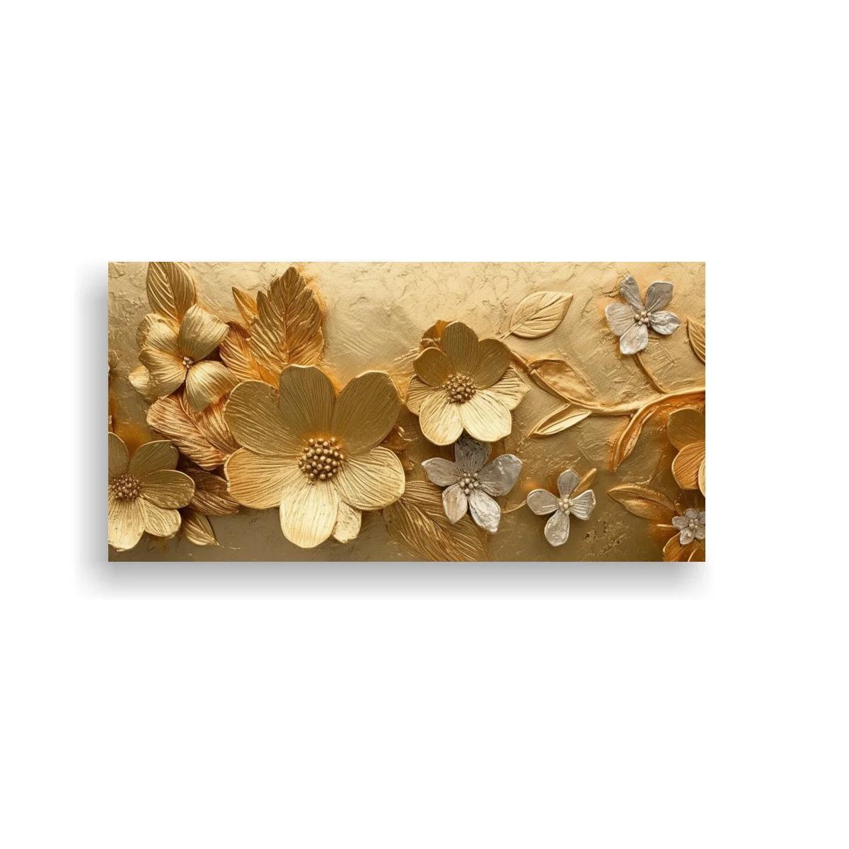 Cuadro flores doradas en relieve con hojas alargadas